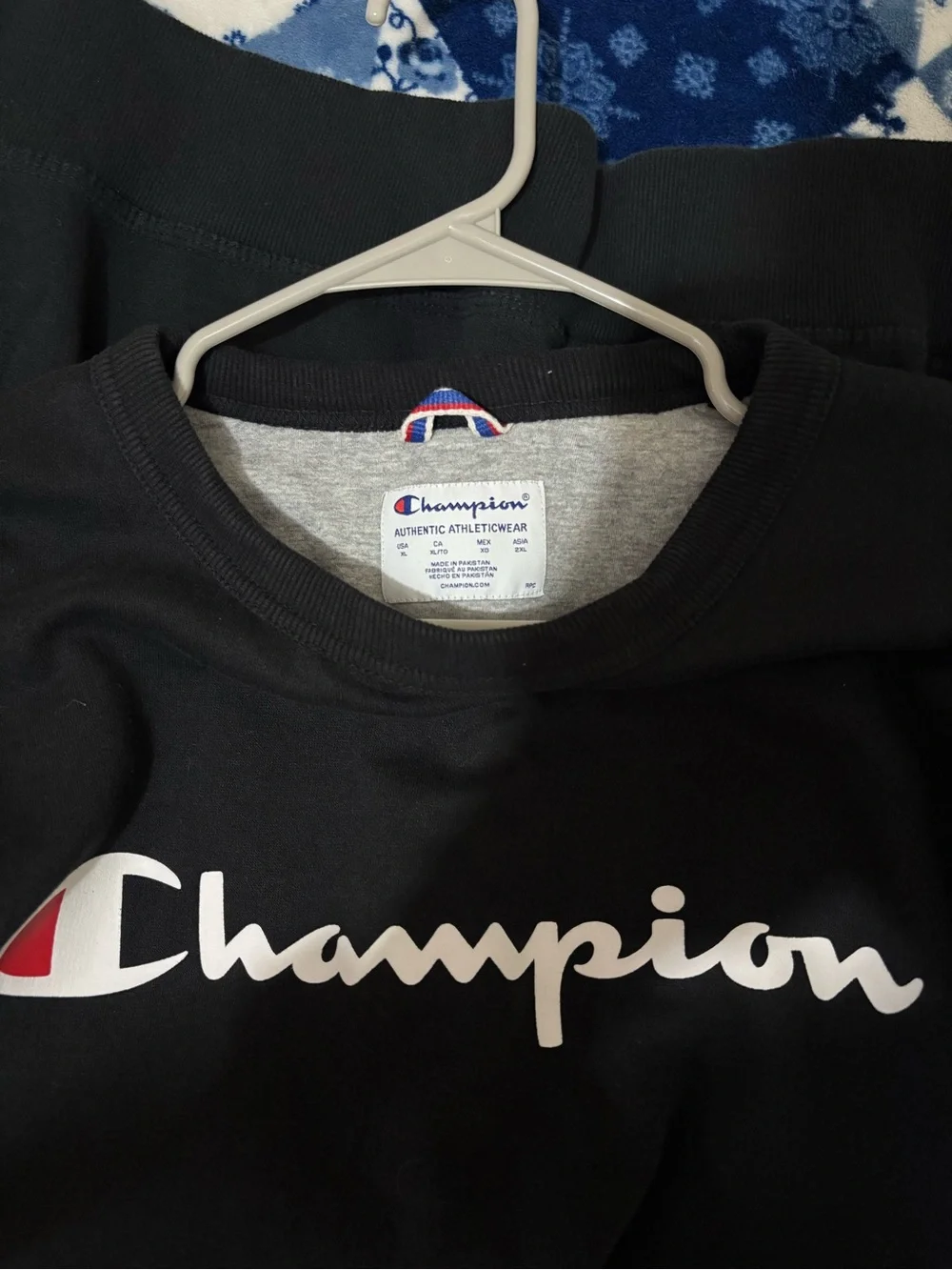 Champion Black Crew Sweatshirt with White Script and Red Logo